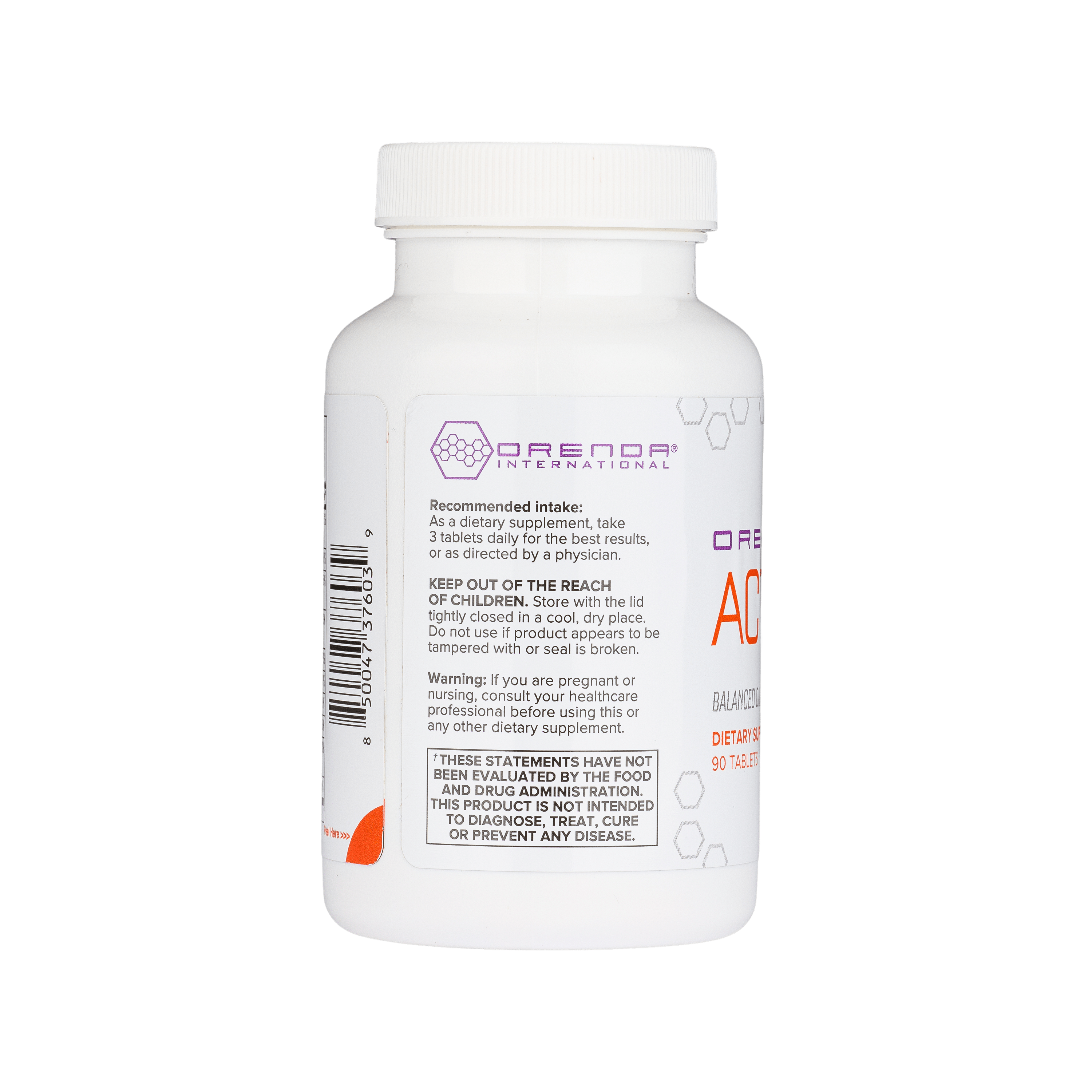 Supplement bottle with directions on label on a white background