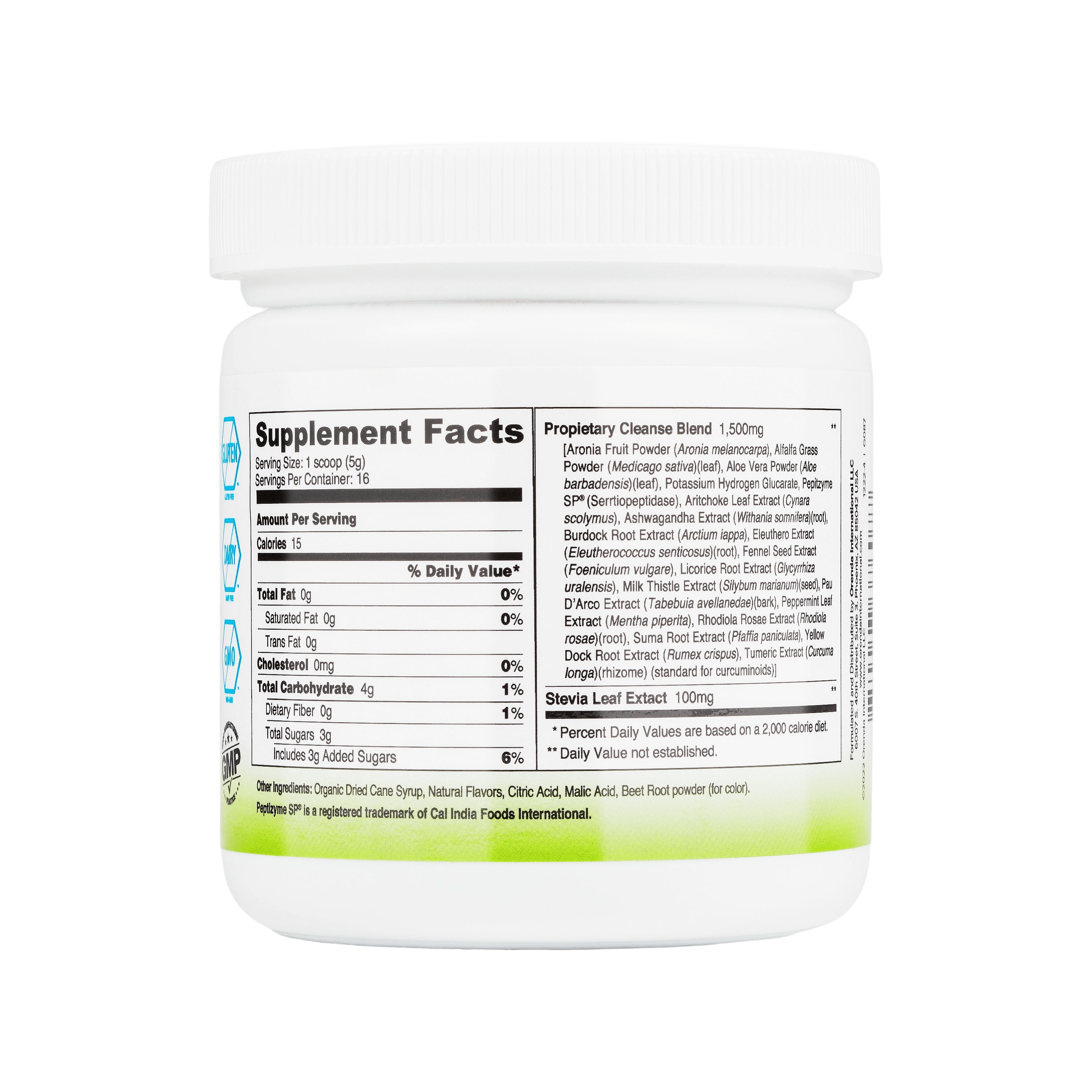 Supplement container with a label showing supplement facts on a white background
