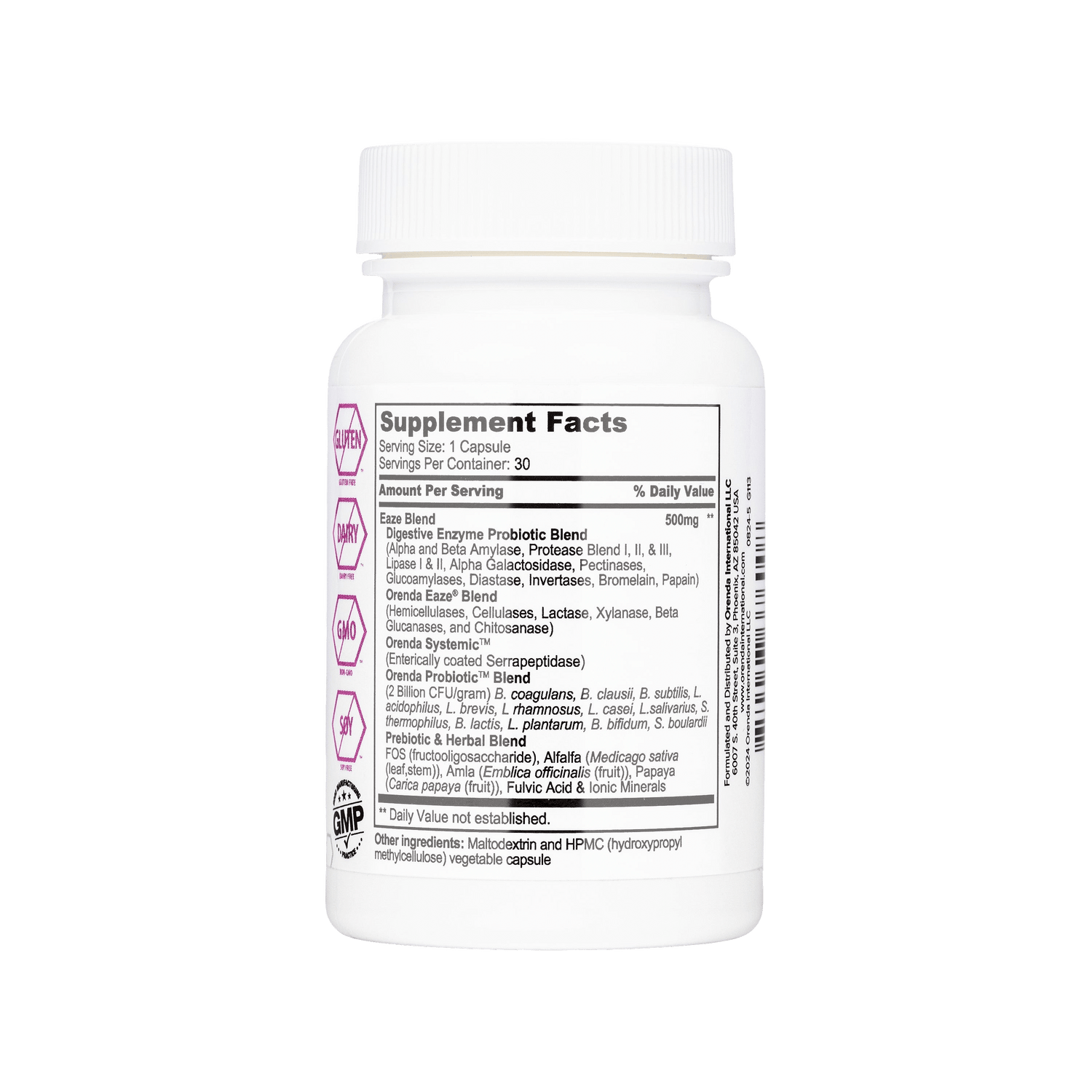 Orenda Eaze supplement bottle with supplement facts label on a white background