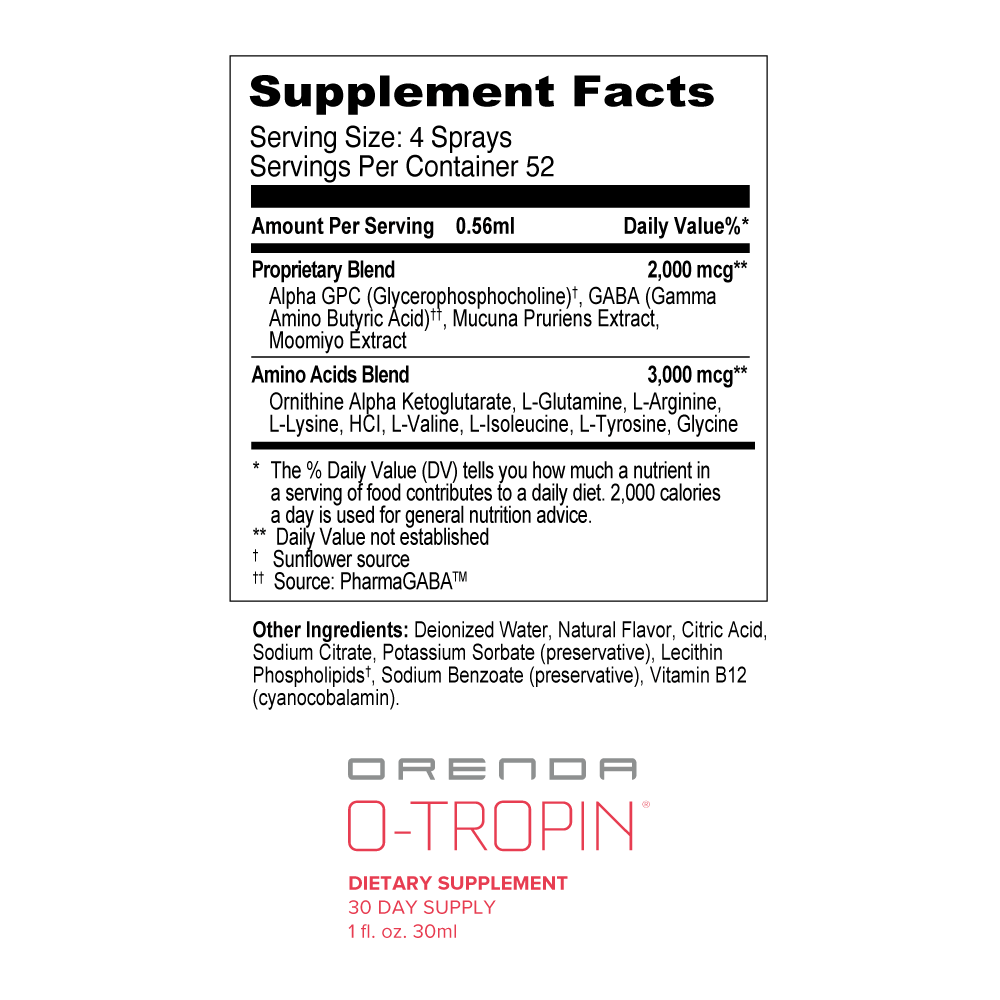 Supplement facts label for Orenda O-Tropin dietary supplement on a white background