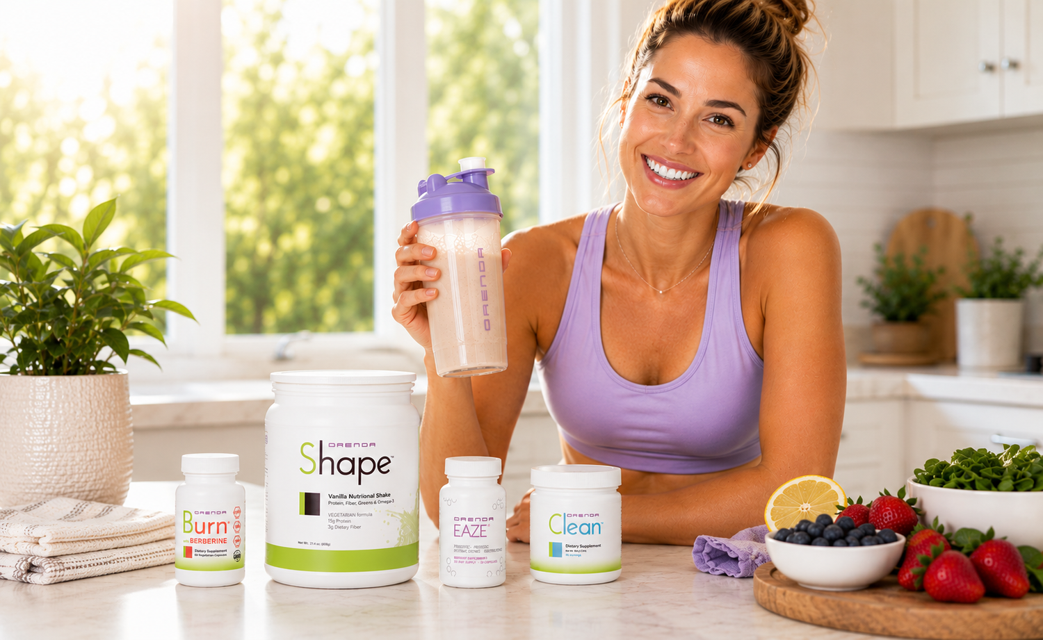 Woman holding shaker bottle in kitchen with Orenda 10-Day containers