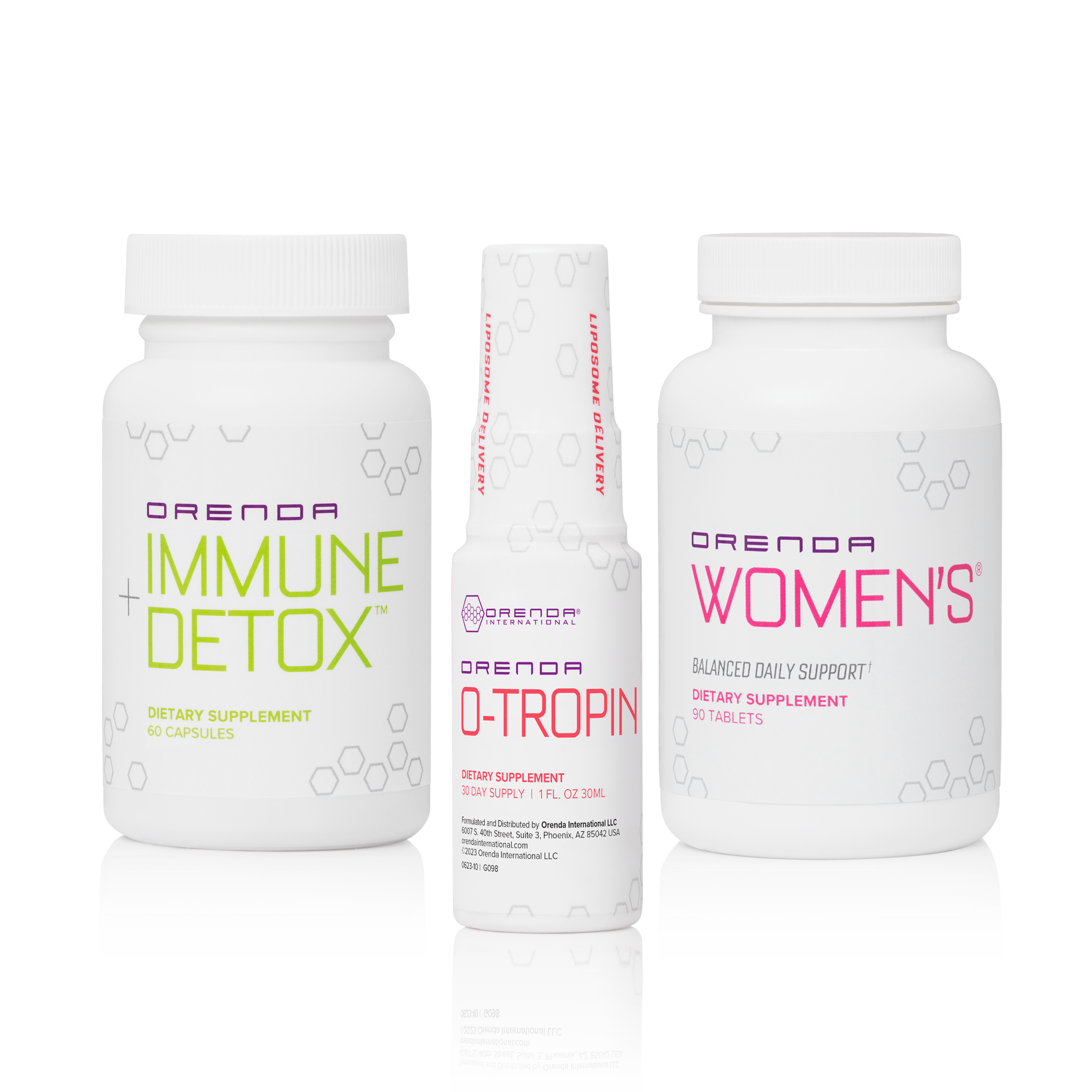 Three health supplement bottles that comprise the "Orenda Mid-Life Balance Bundle&