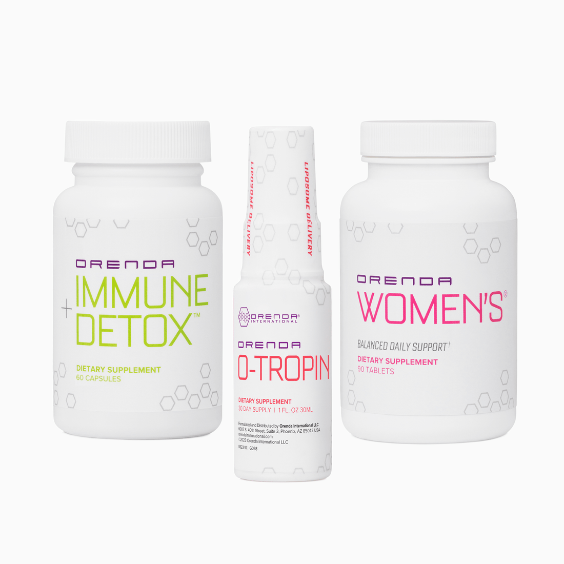 Three health supplement bottles that comprise the "Orenda Mid-Life Balance Bundle&