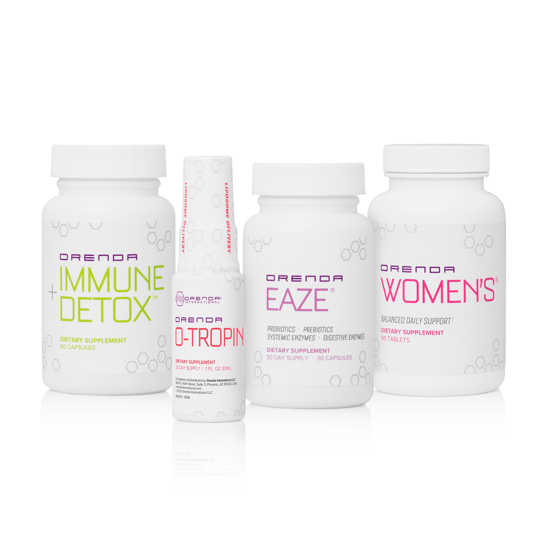 Four Orenda dietary supplement bottles that combine for the &