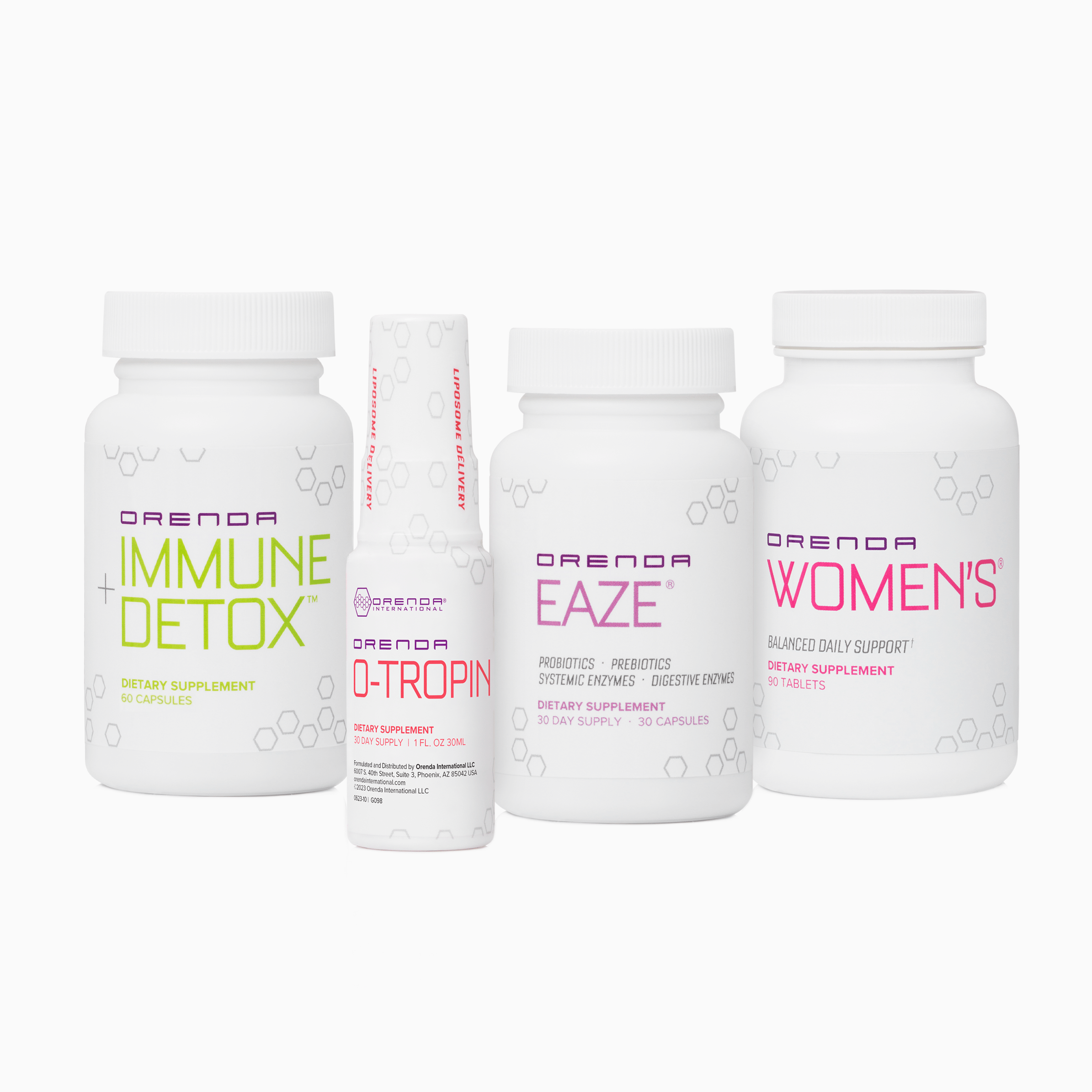 Four Orenda dietary supplement bottles that combine for the &