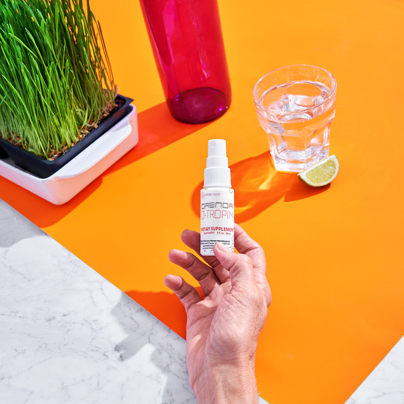 womans hand holding bottle of Orenda OTropin over orange table top with glass of water and wheat grass planter