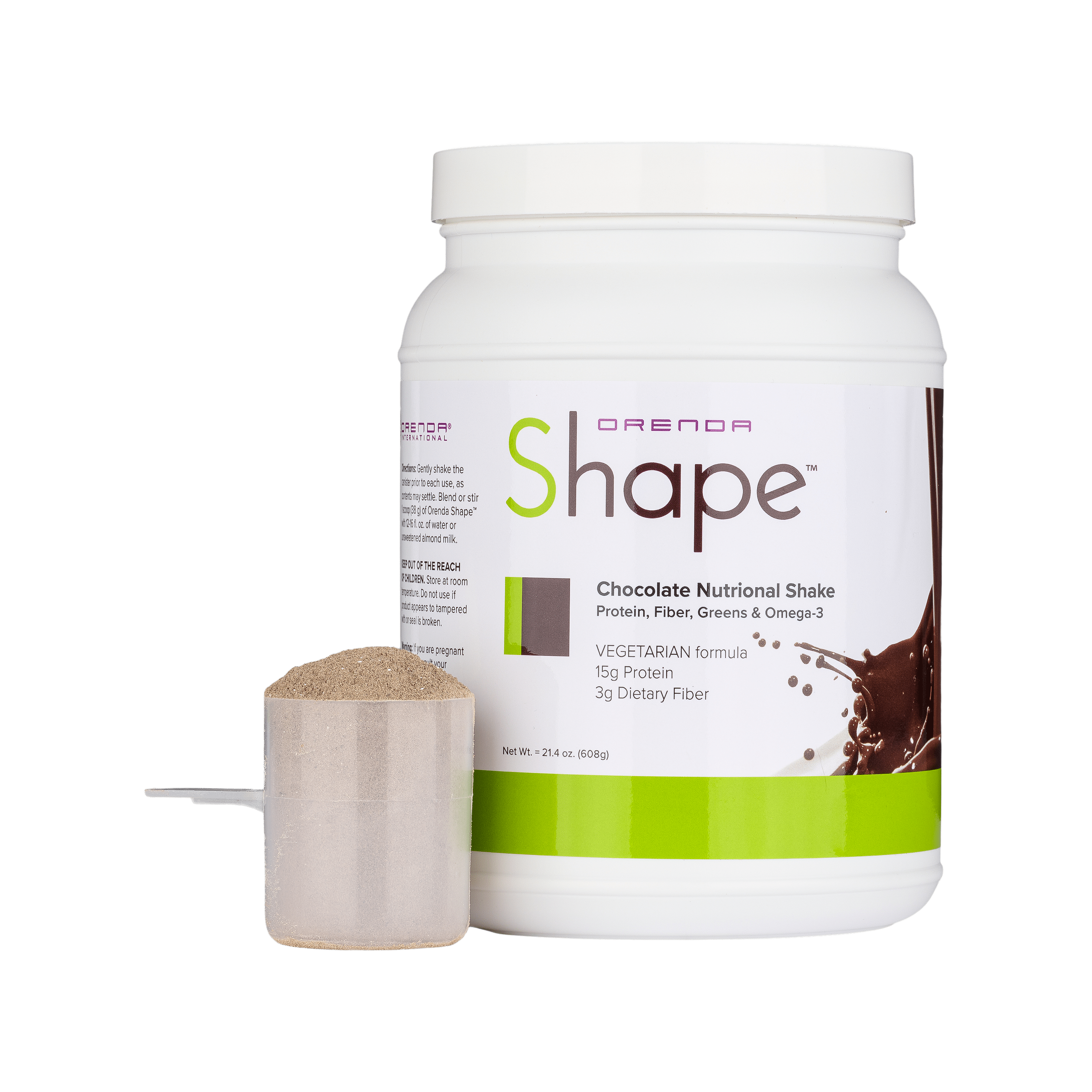 Orenda Shape chocolate nutritional shake container with scoop on a white background