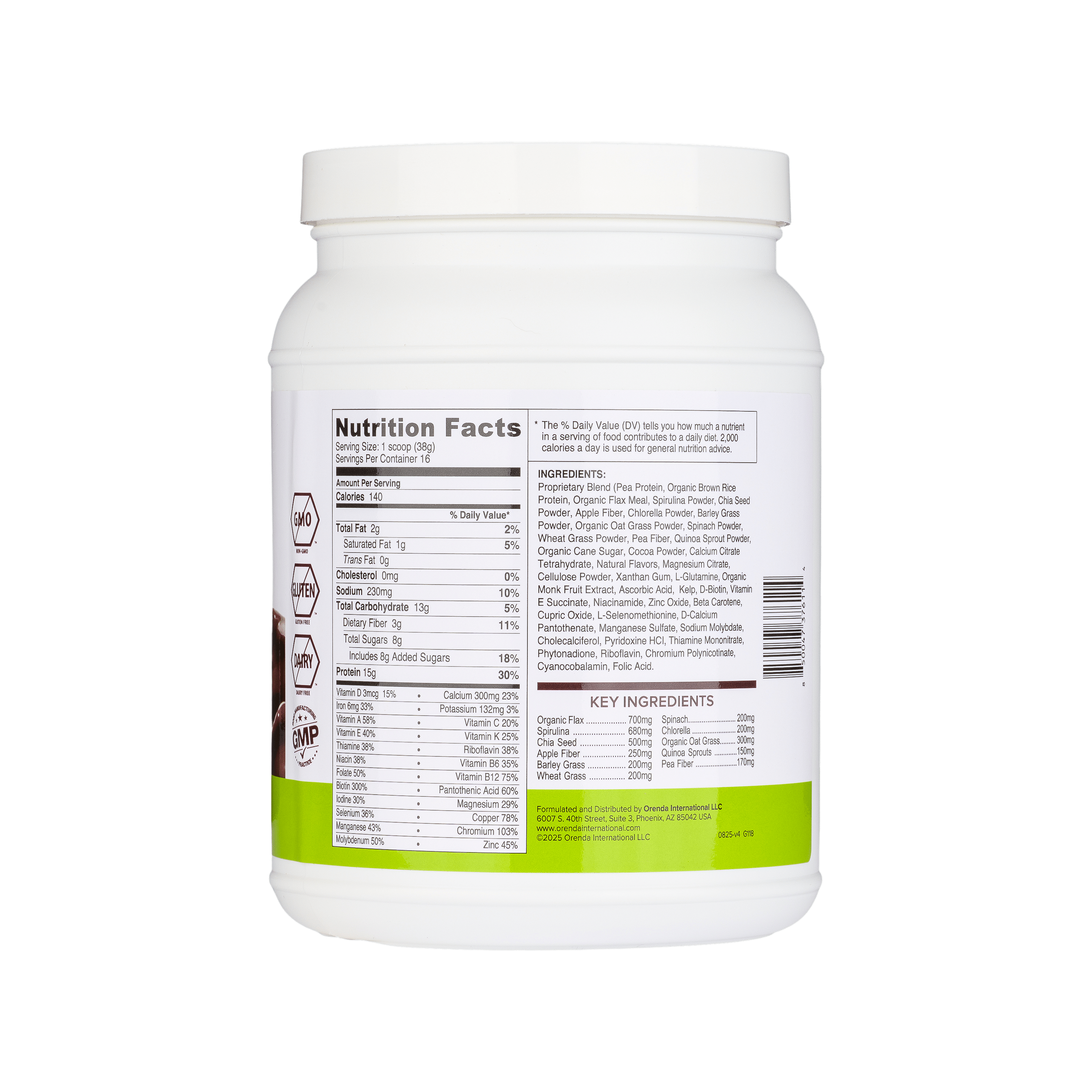 White supplement container with nutrition facts label on a white background