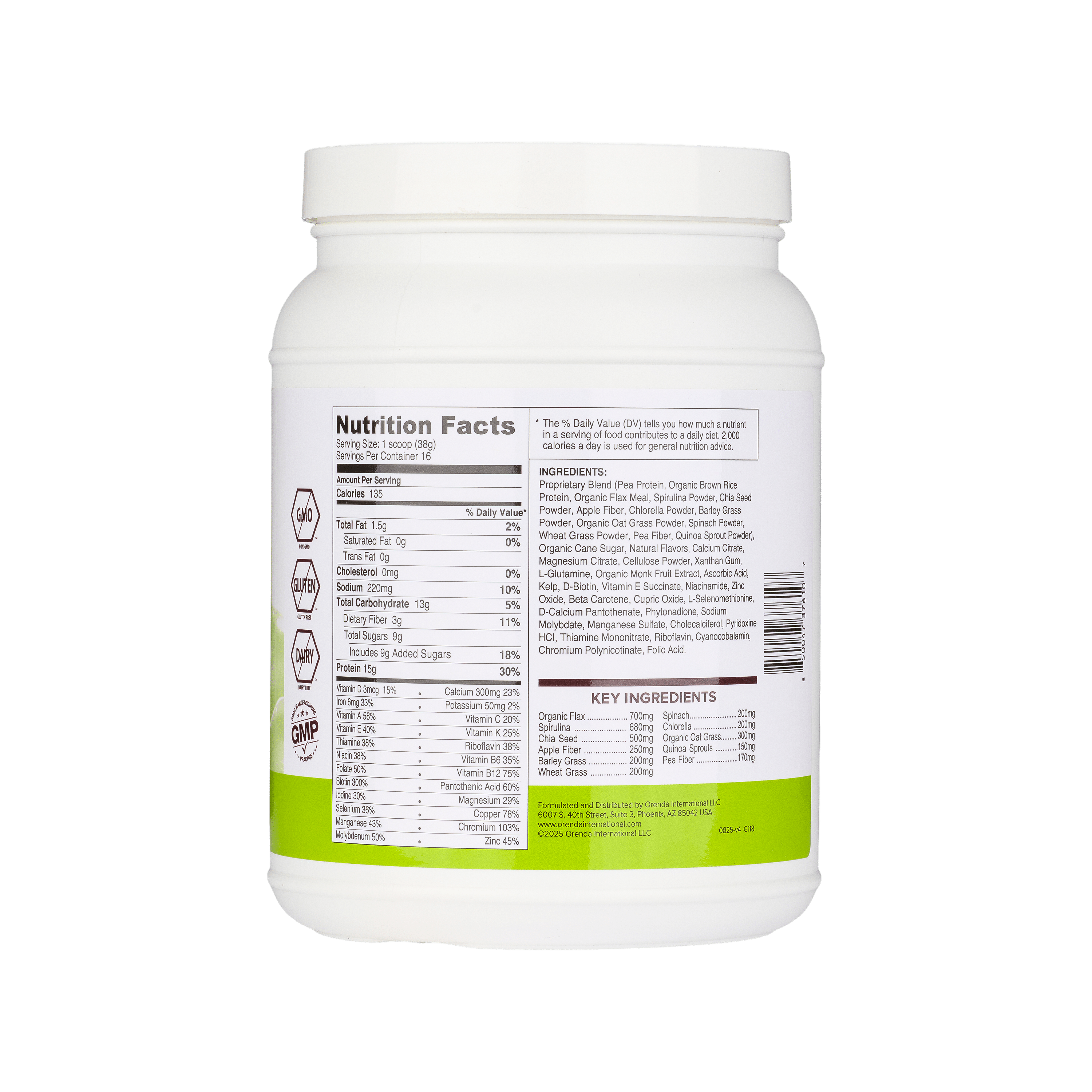 White supplement container with nutrition facts label on a white background