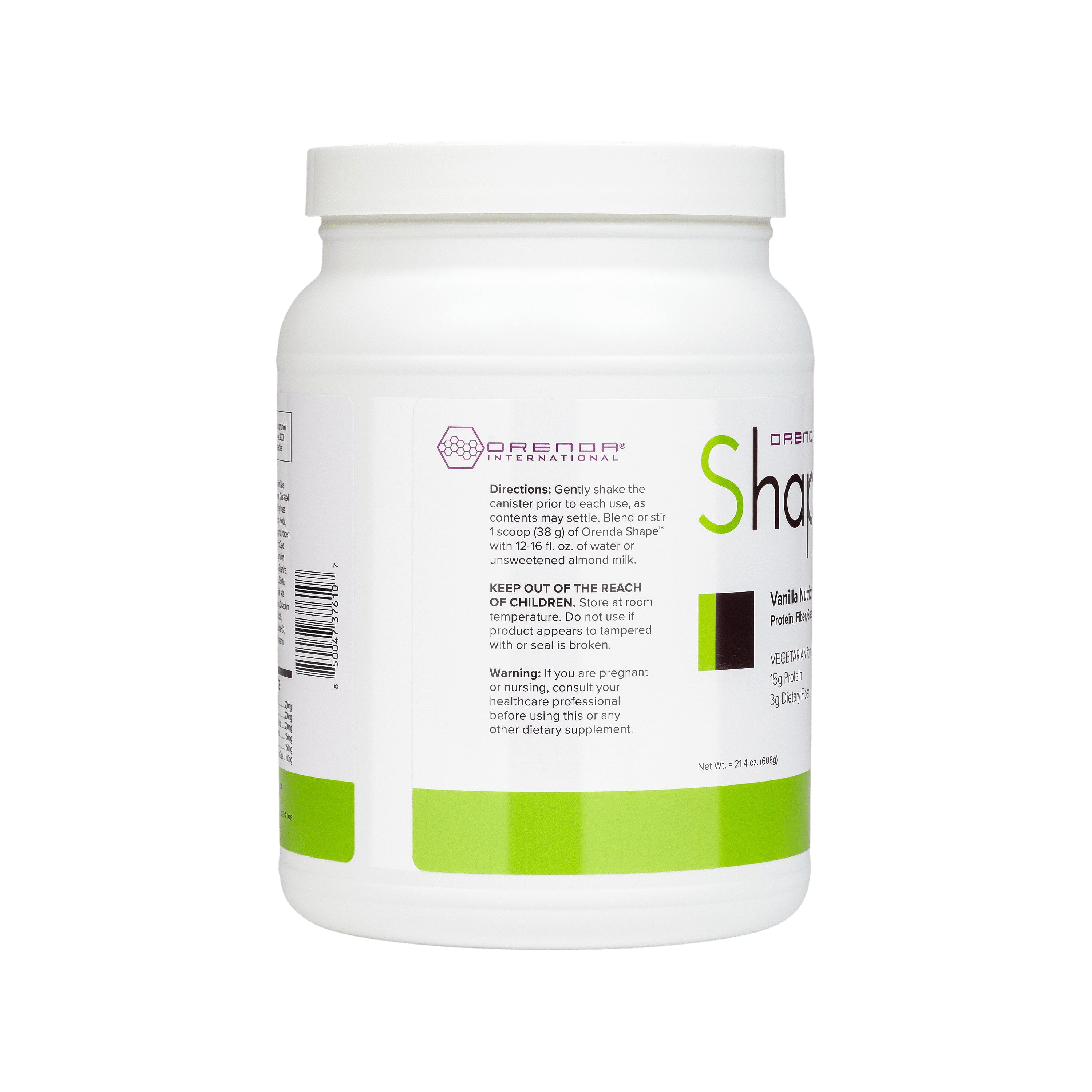 White protein powder container with green accents on a white background