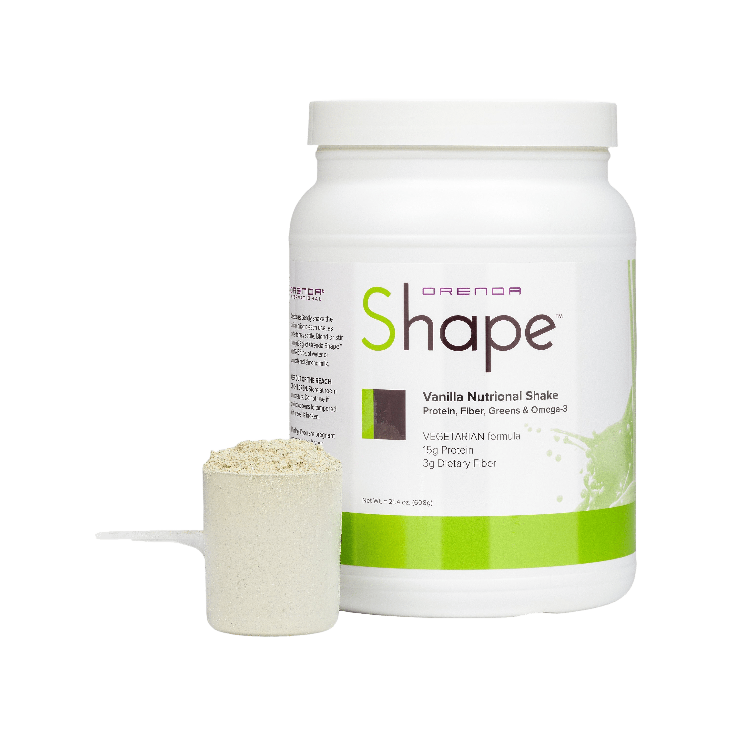 Orenda Shape Vanilla Nutritional Shake container with scoop on a white background