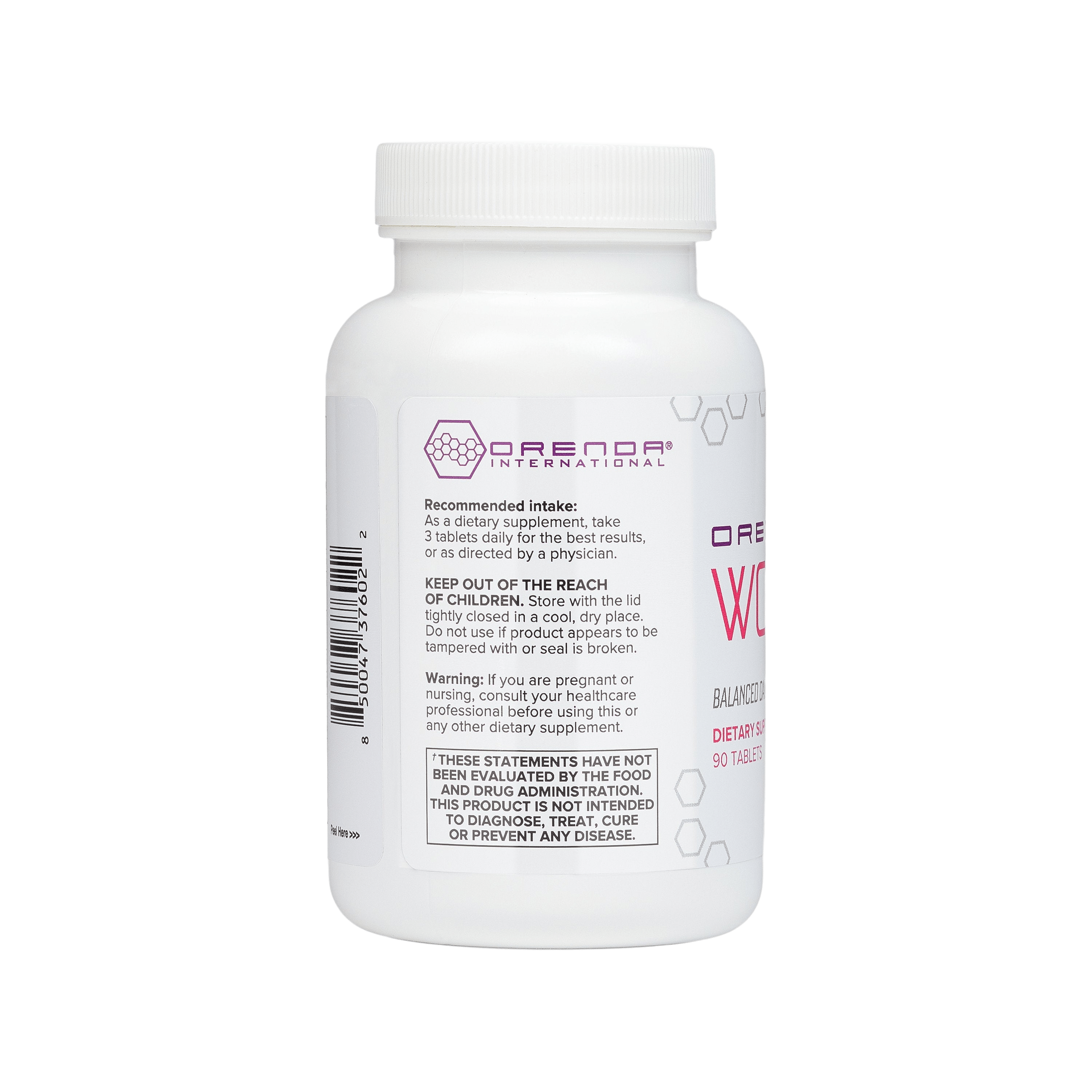Supplement bottle with Orenda International branding on a white background