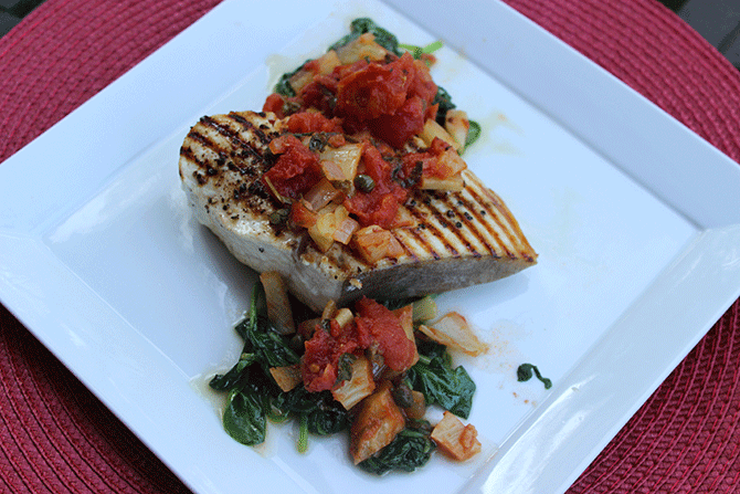 Grilled Swordfish with Tomato Fennel Salsa and Sautéed Spinach