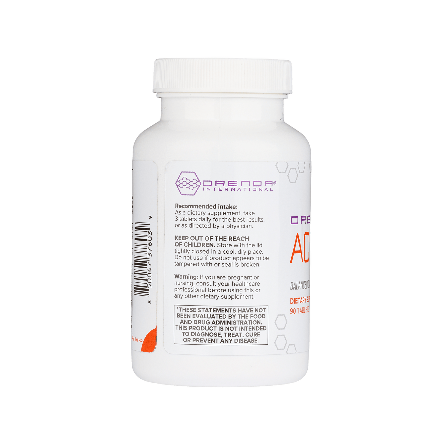 Supplement bottle with directions on label on a white background