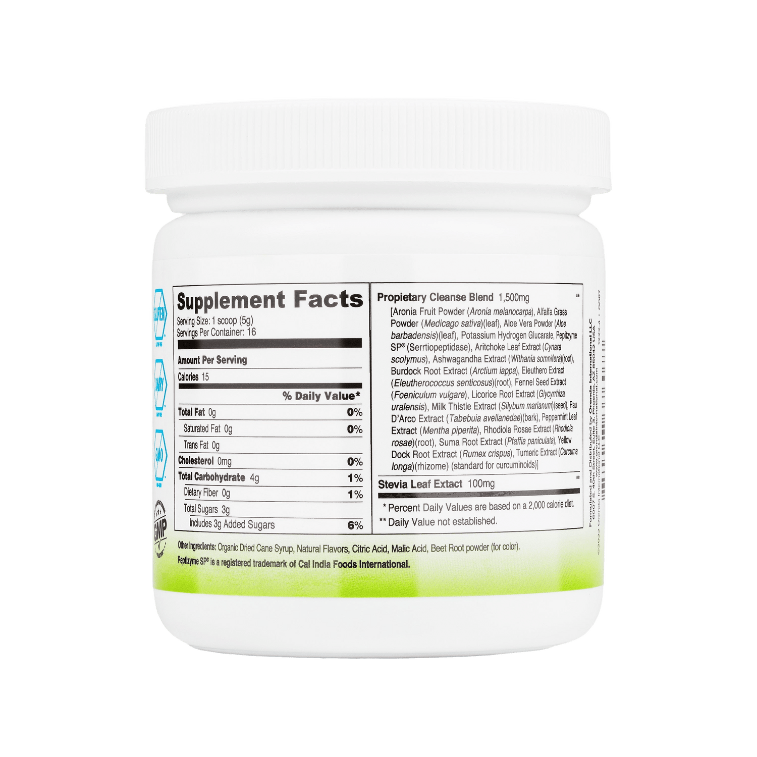 Supplement container with a label showing supplement facts on a white background