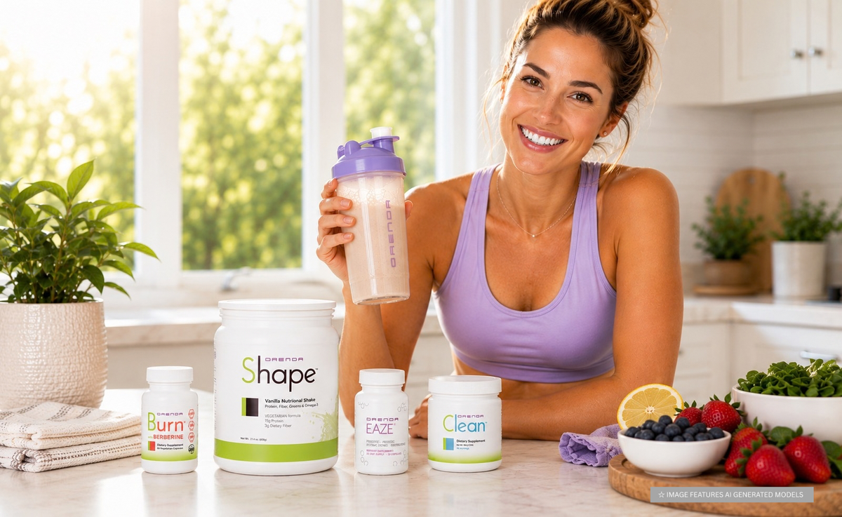 Woman holding shaker bottle with Orenda Detox Cleanse product bundle in a kitchen.