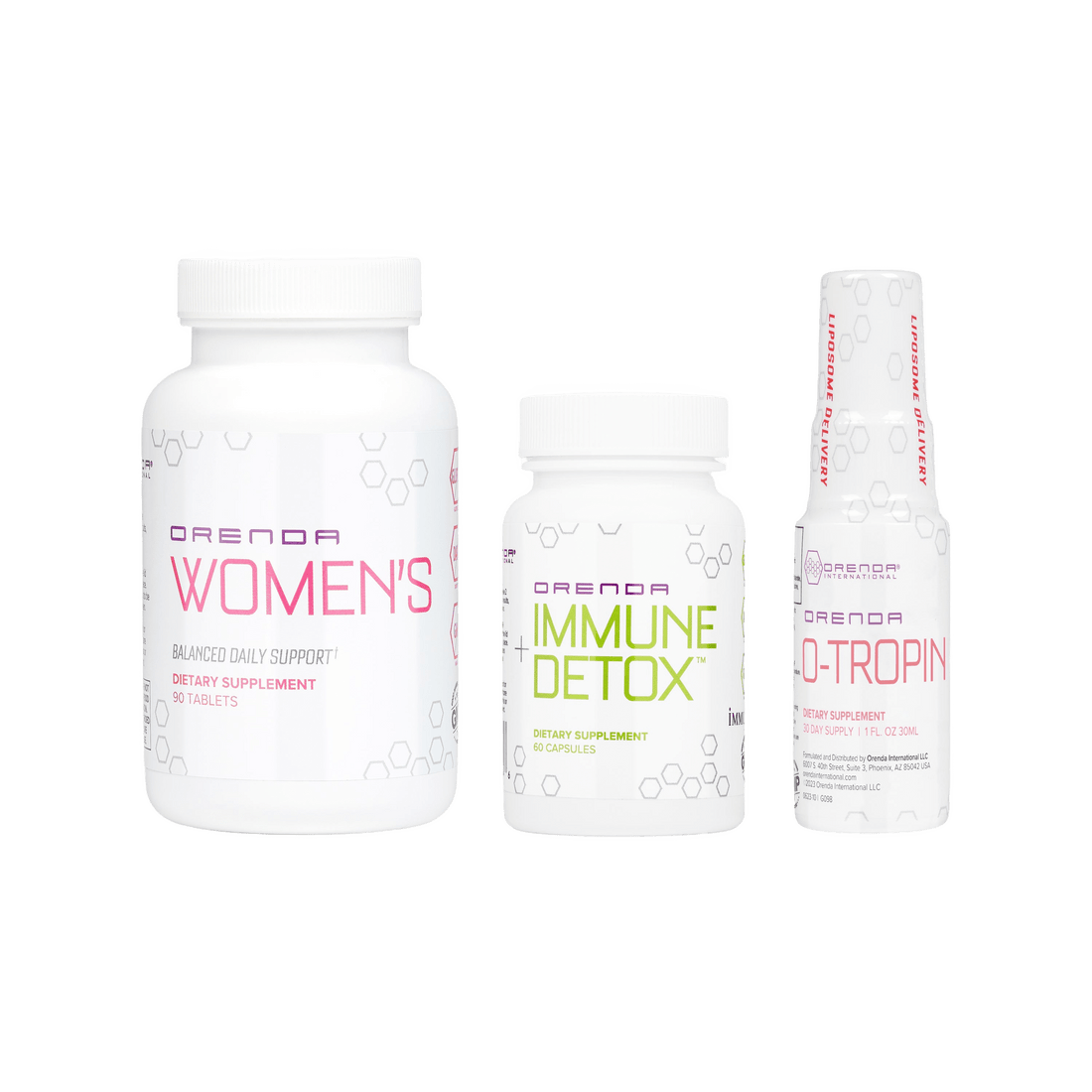 Three Orenda supplement bottles on a white background, named the Mid-Life Bundle
