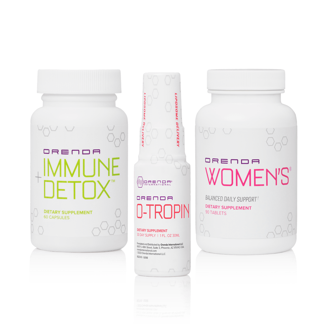 Three health supplement bottles that comprise the "Orenda Mid-Life Balance Bundle&