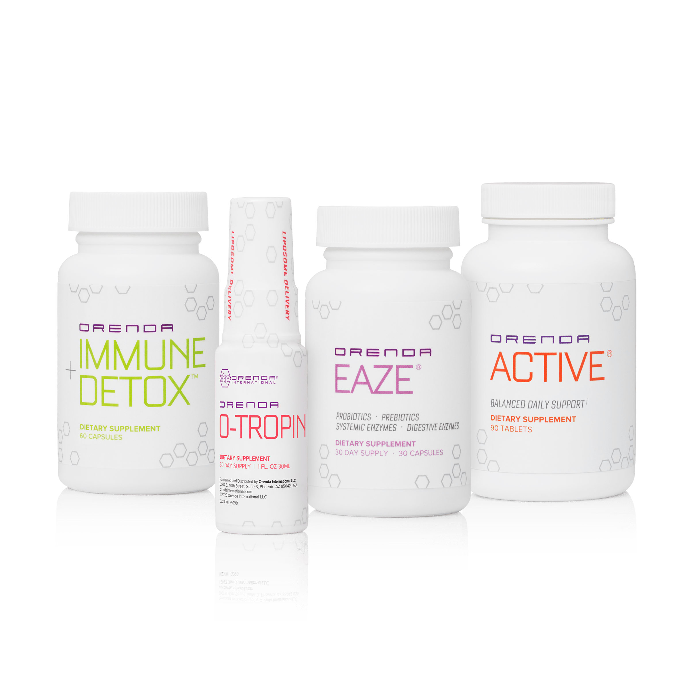 Four Orenda dietary supplement bottles that combine for the &