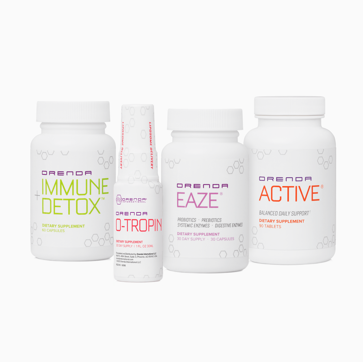 Four Orenda dietary supplement bottles that combine for the &