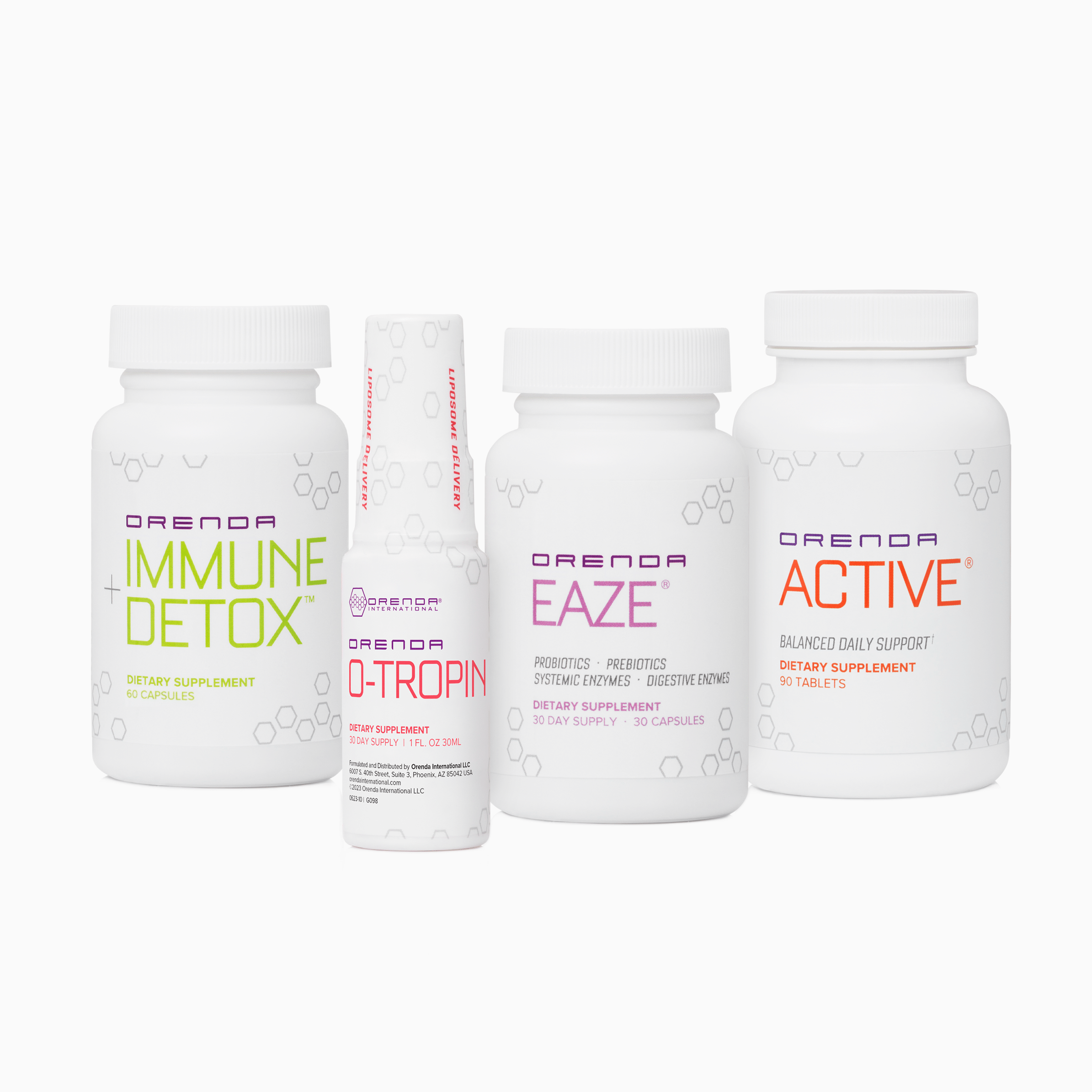 Four Orenda dietary supplement bottles that combine for the &