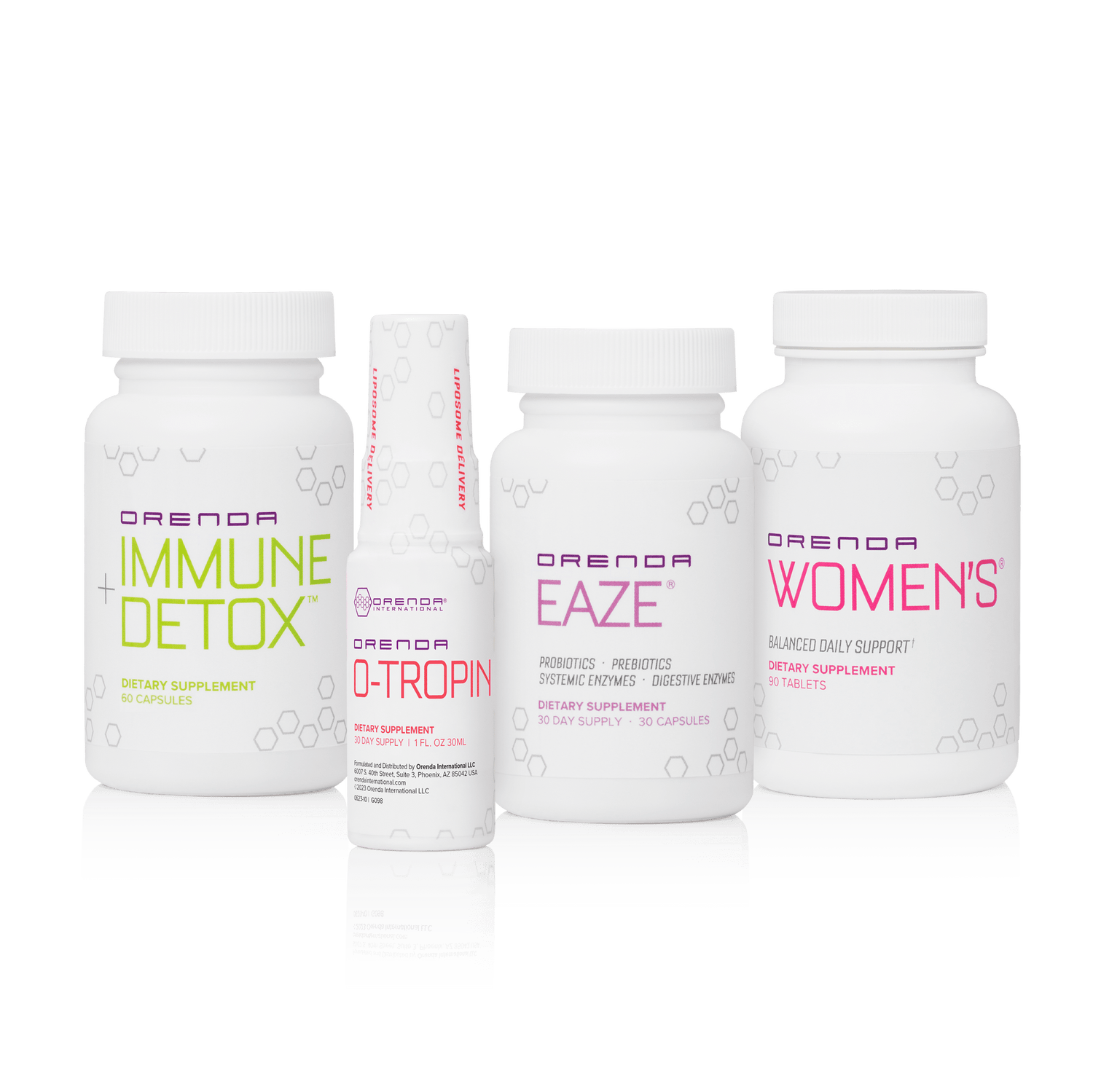 Four Orenda dietary supplement bottles that combine for the &