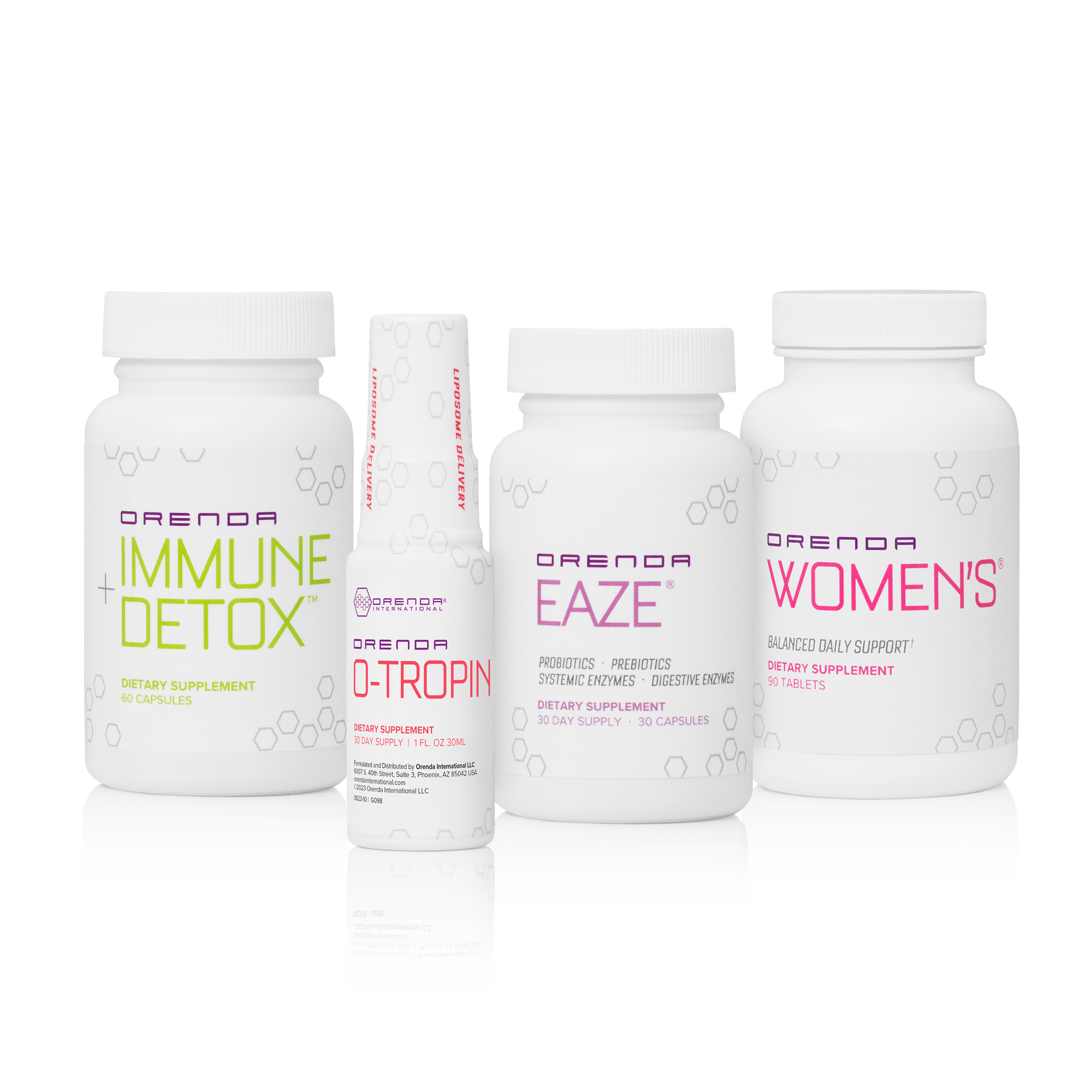 Four Orenda dietary supplement bottles that combine for the &