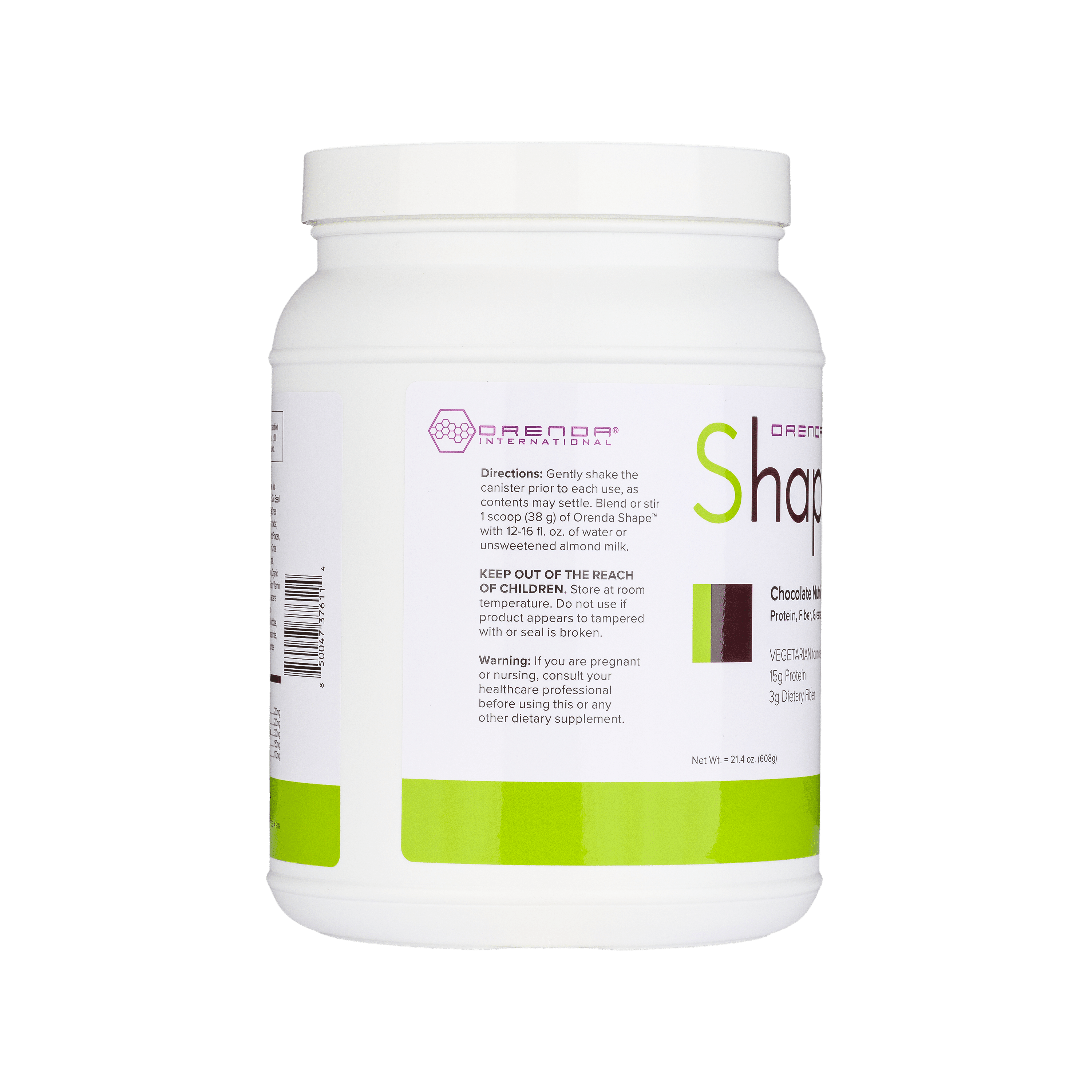 White supplement container with directions on label on a white background