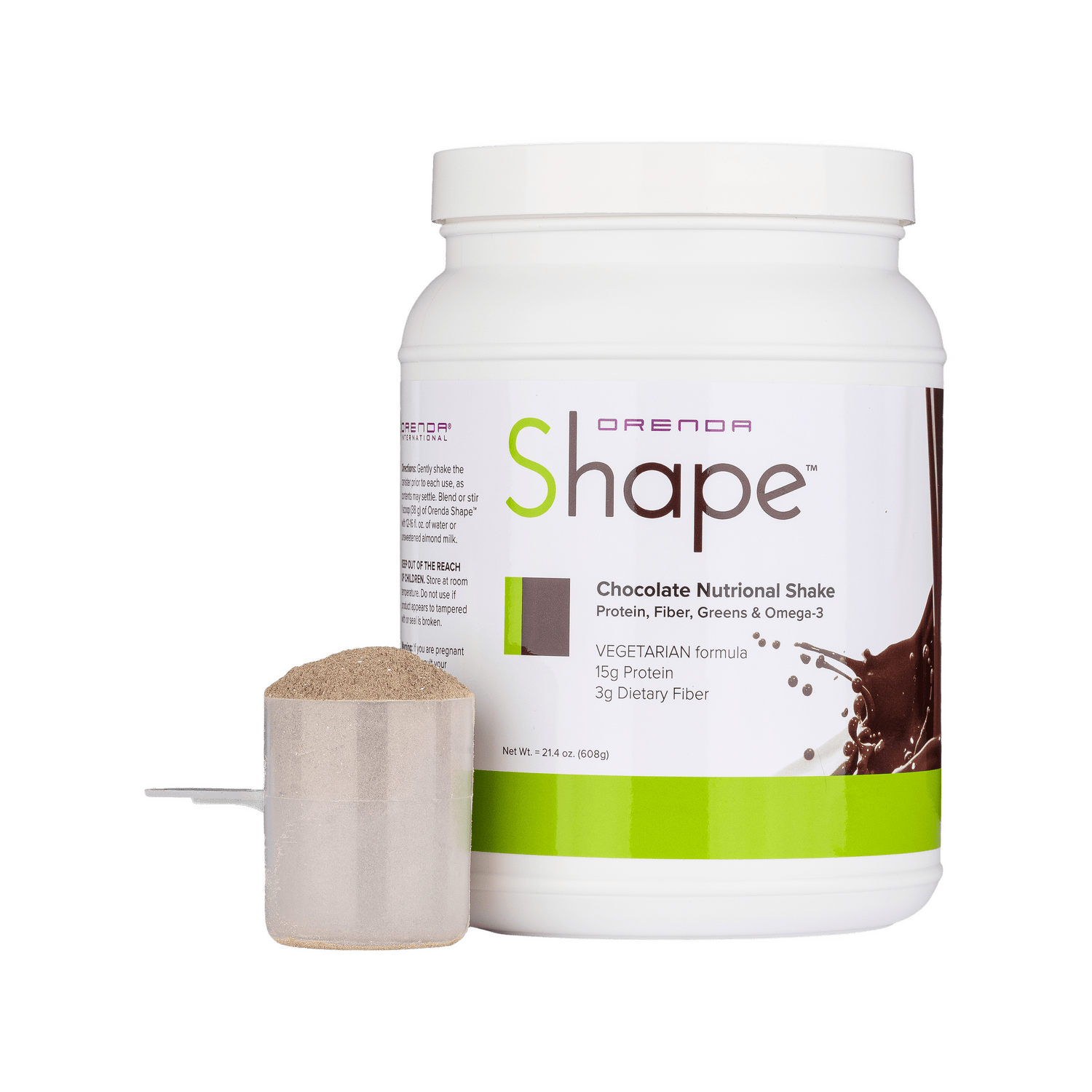 Orenda Shape chocolate nutritional shake container with scoop on a white background