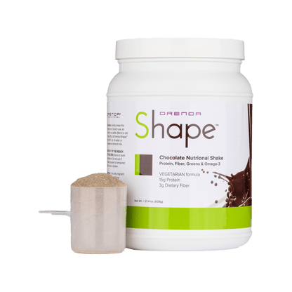 Orenda Shape chocolate nutritional shake container with scoop on a white background