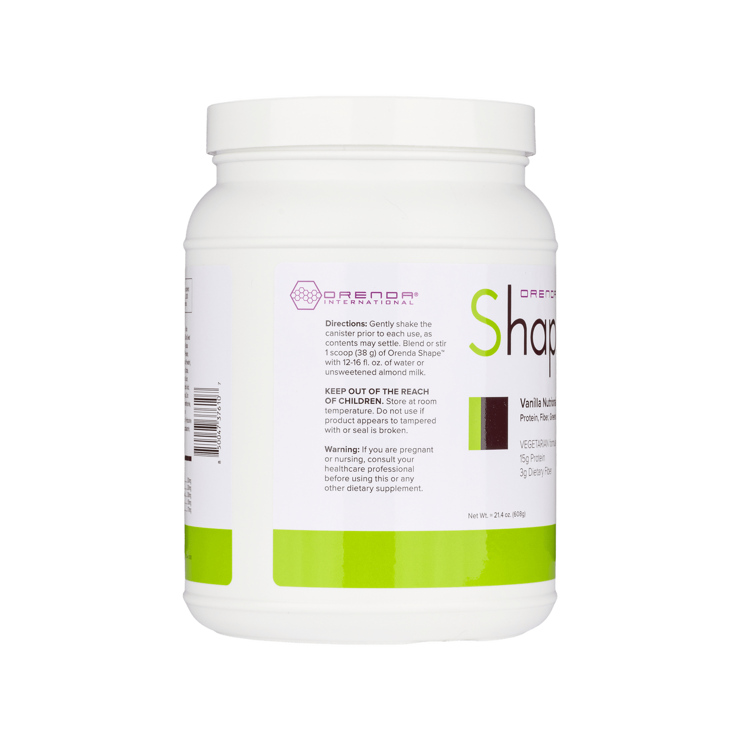 White supplement container with directions on label on a white background