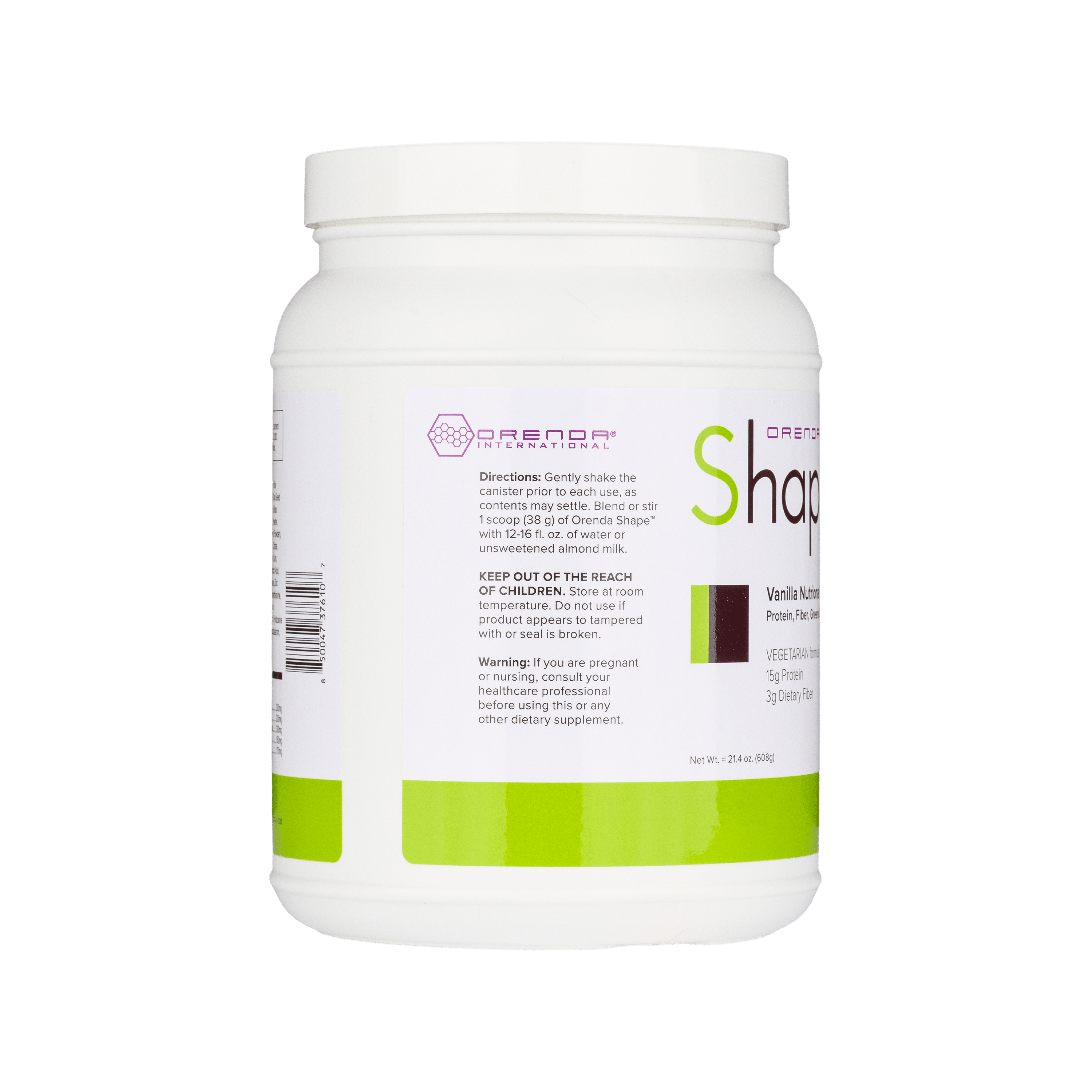 White supplement container with directions on label on a white background