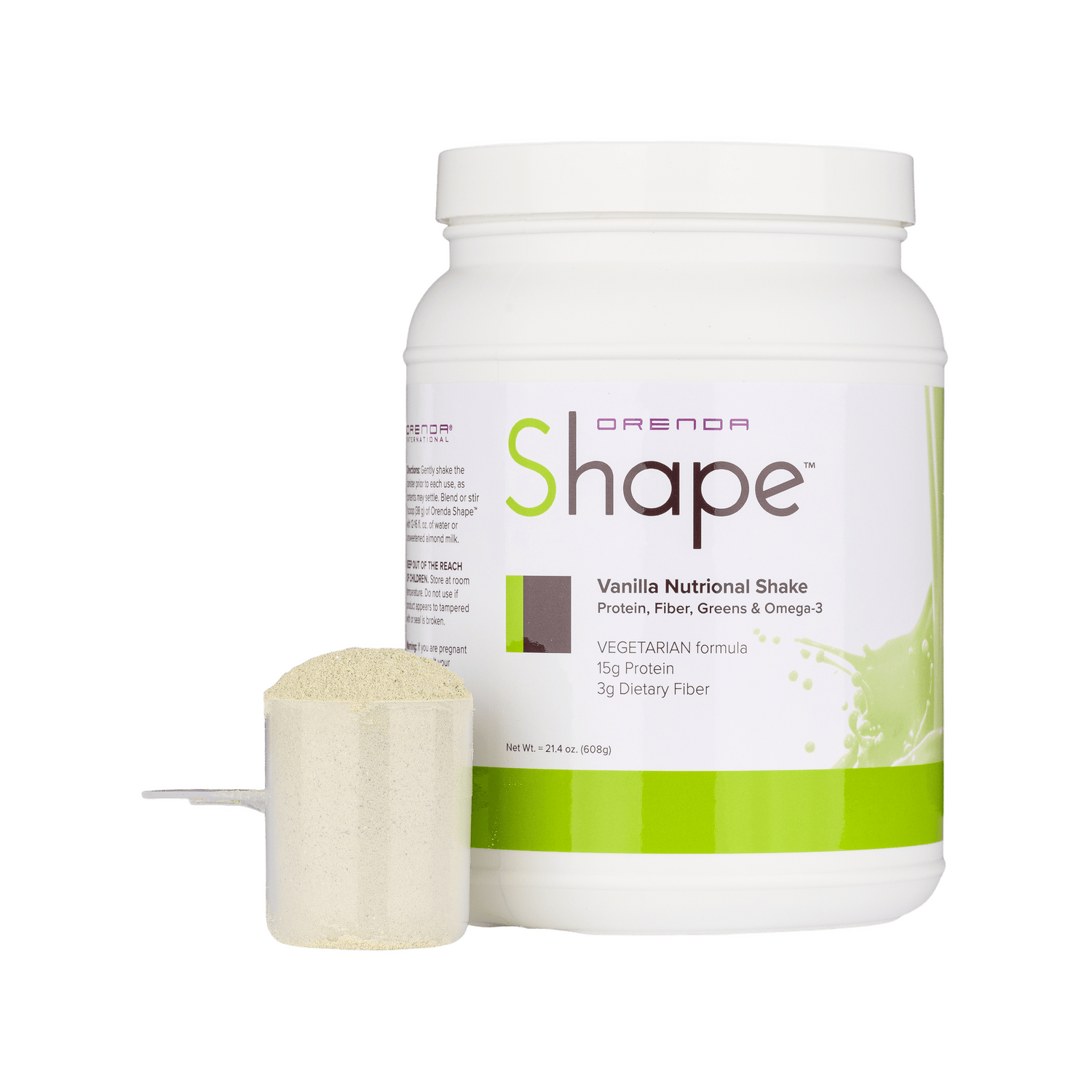 Orenda Shape vanilla nutritional shake container with scoop on a white background