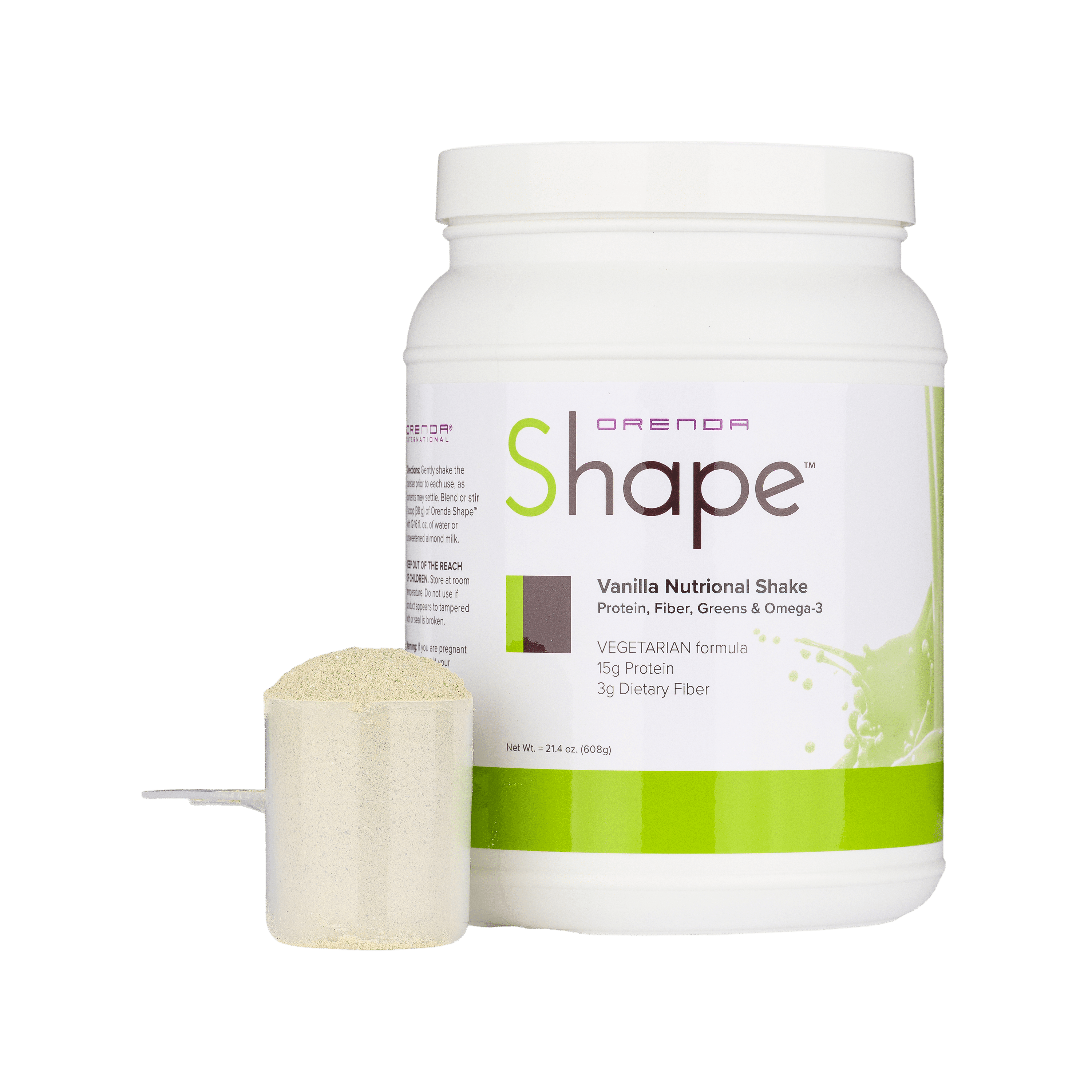 Orenda Shape vanilla nutritional shake container with scoop on a white background