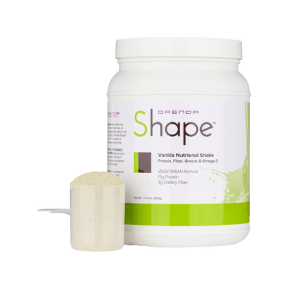 Orenda Shape vanilla nutritional shake container with scoop on a white background