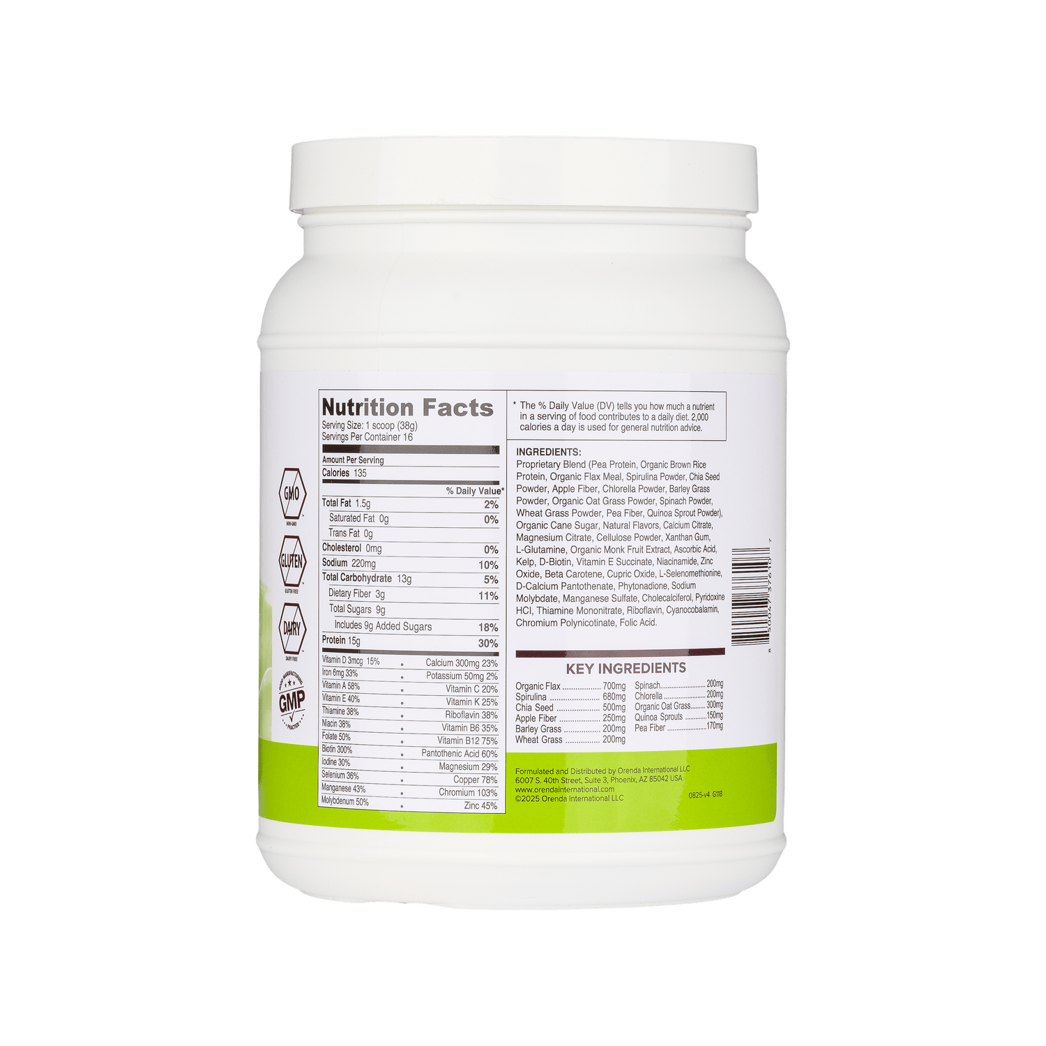 White supplement container with nutrition facts label on a white background