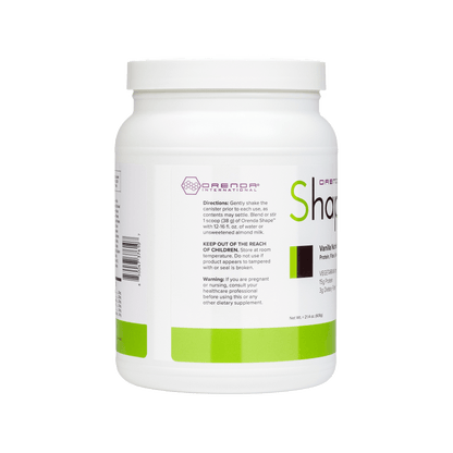 White protein powder container with green accents on a white background