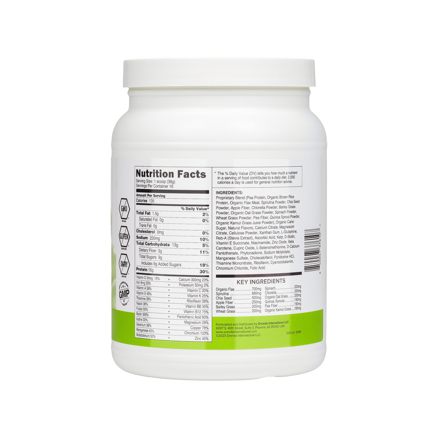 White supplement container with nutrition facts label on a white background