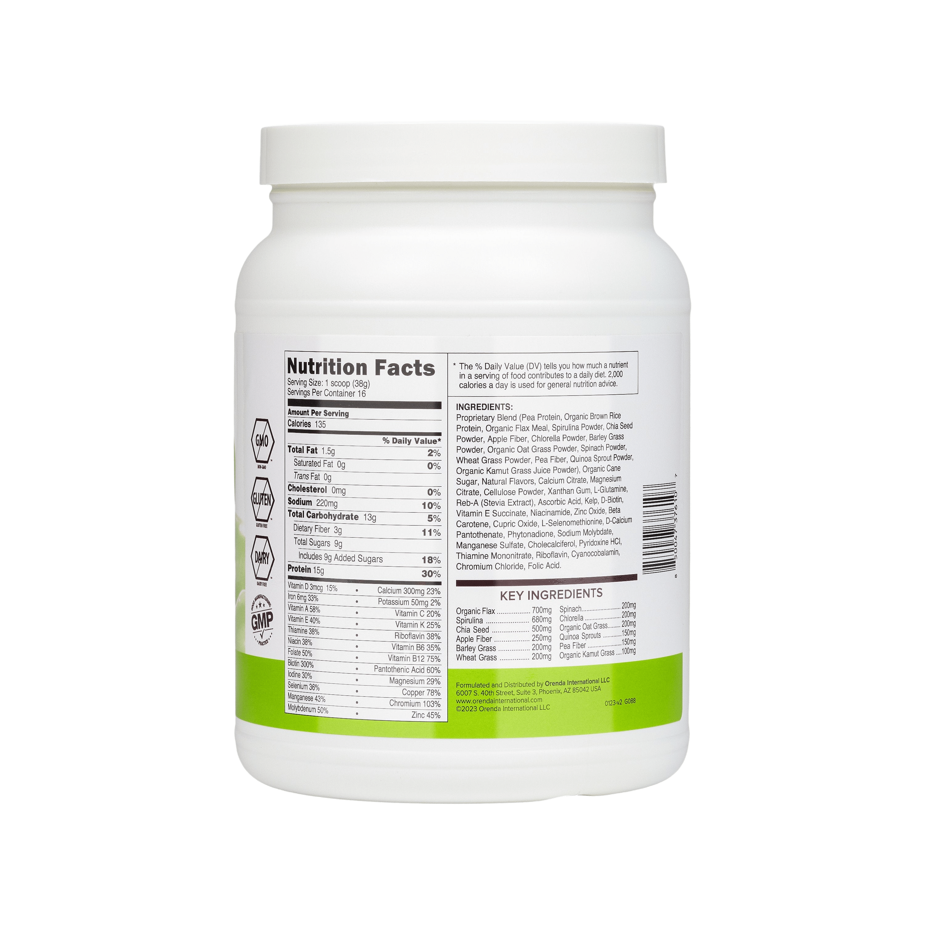 White supplement container with nutrition facts label on a white background