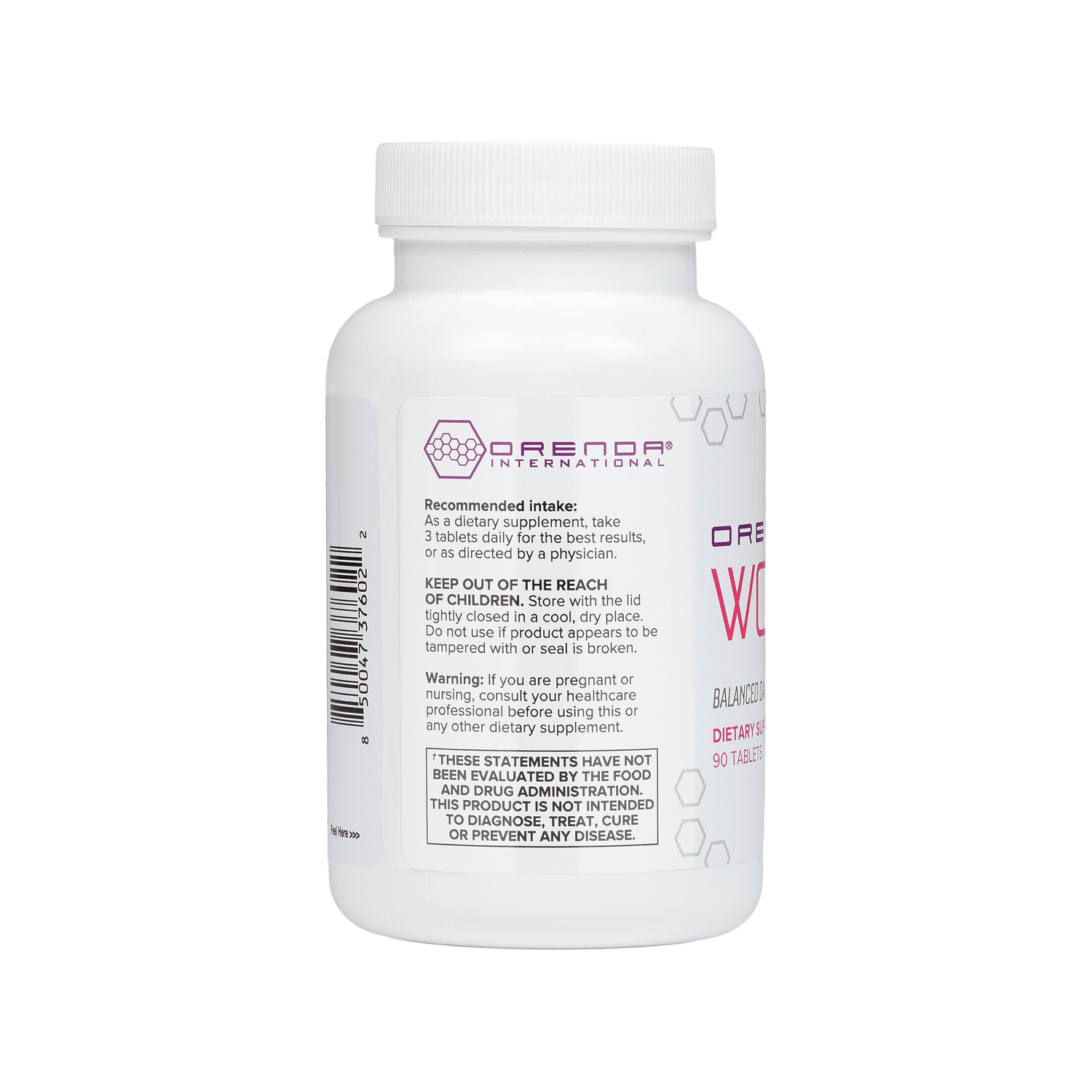 Supplement bottle with Orenda International branding on a white background