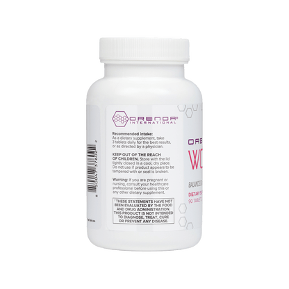 Supplement bottle with Orenda International branding on a white background